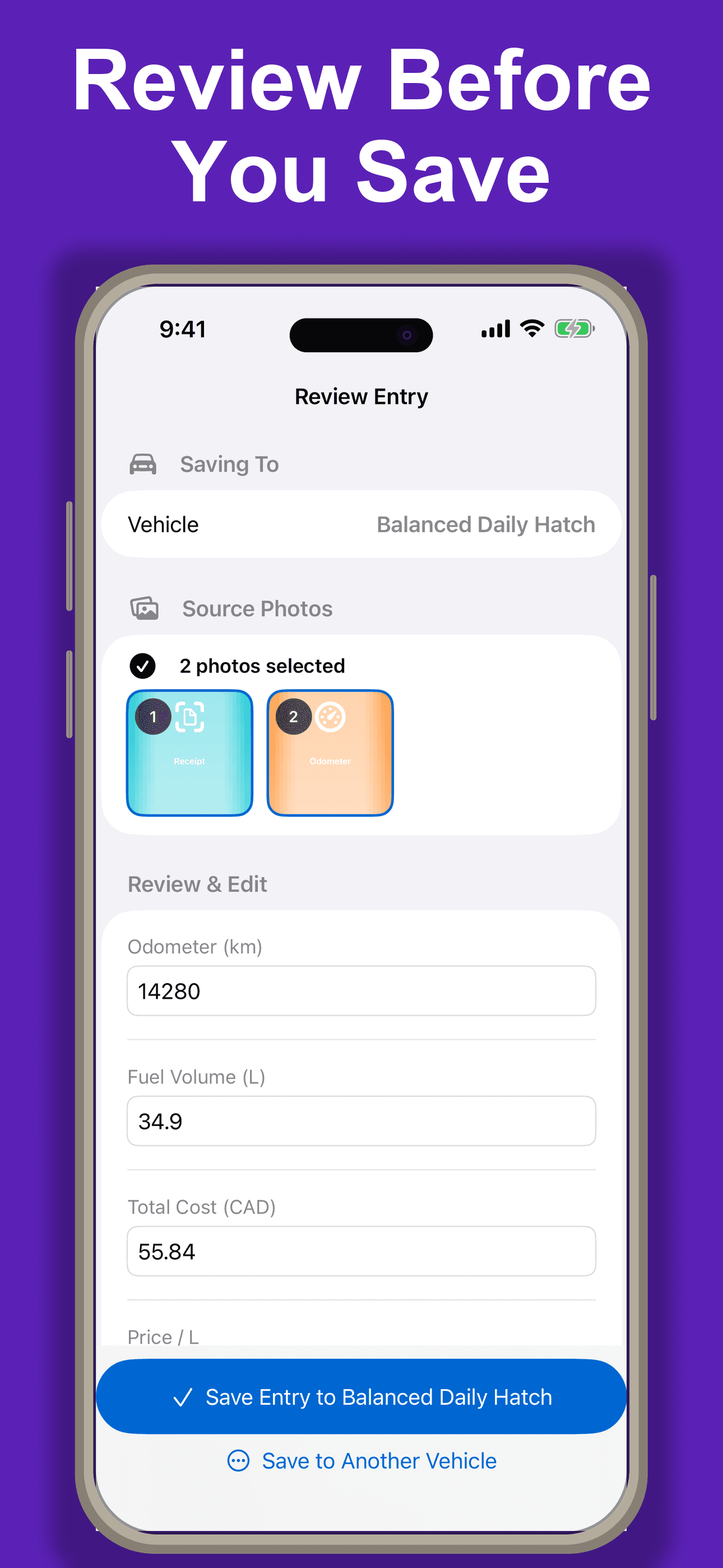 Editable fuel entry review screen