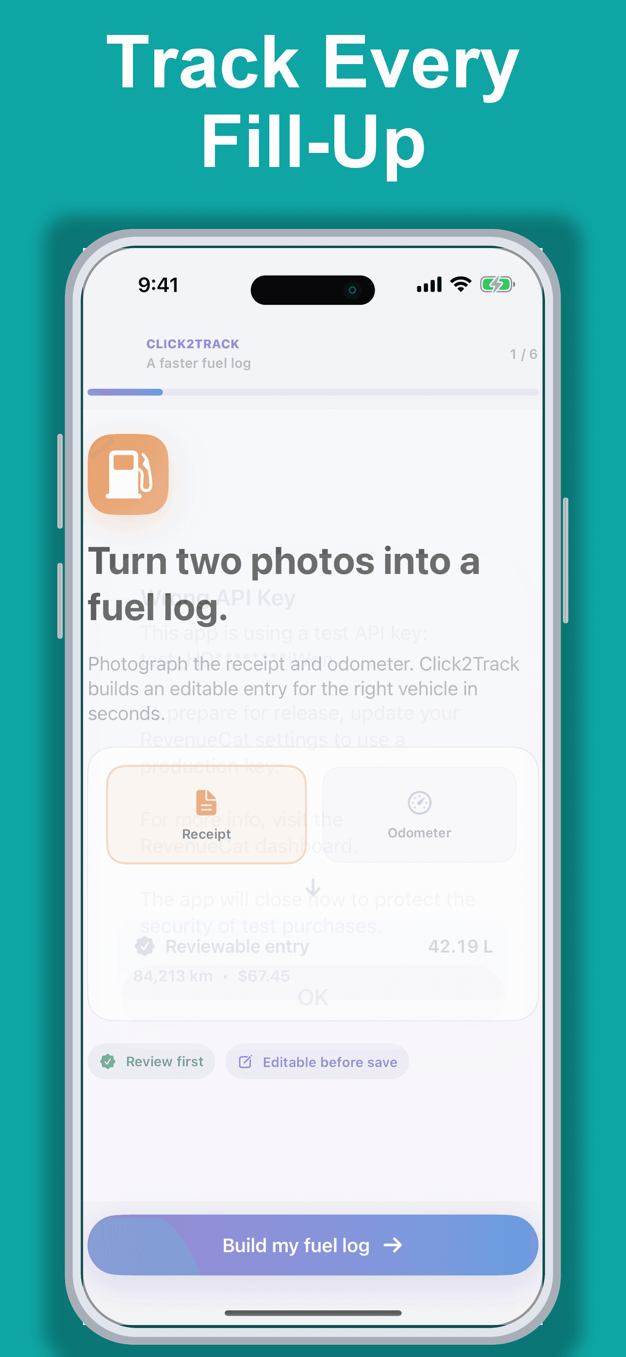 Click2Track onboarding showing the two-photo fuel logging promise