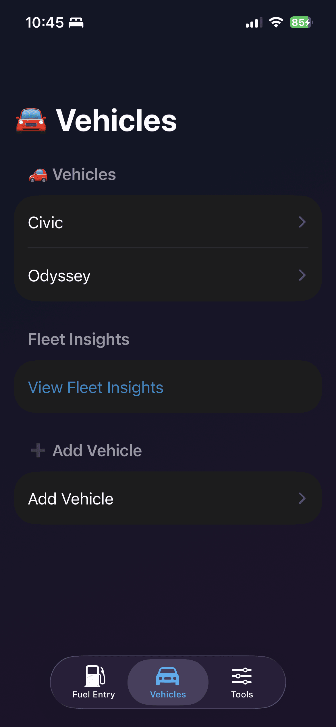 Vehicle details screen